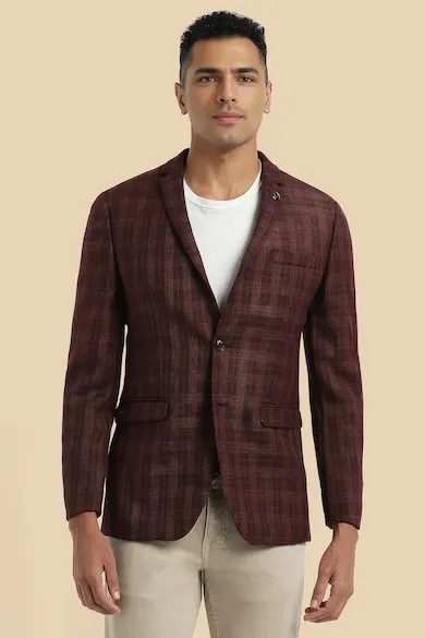 Men Brown Slim Fit Check Casual Blazer